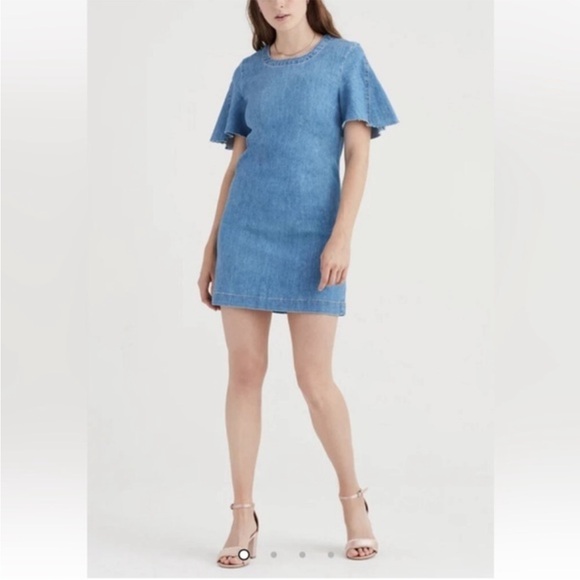7 For All Mankind Denim Shift Dress | Flutter Sleeves | Italian Fabric | Size L - Picture 2 of 11